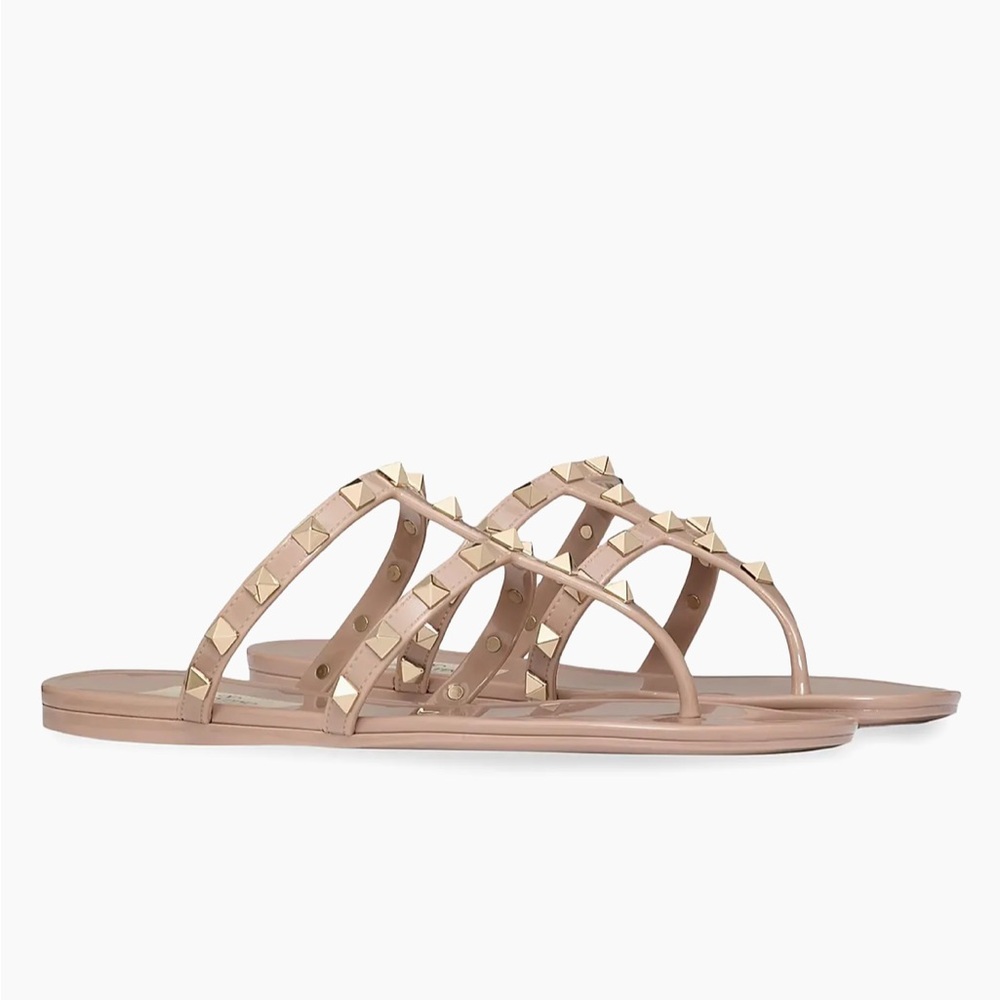 Valentino Garavani Women Pink Beige Rockstud Jelly Metallic Stud Sandals Size 37